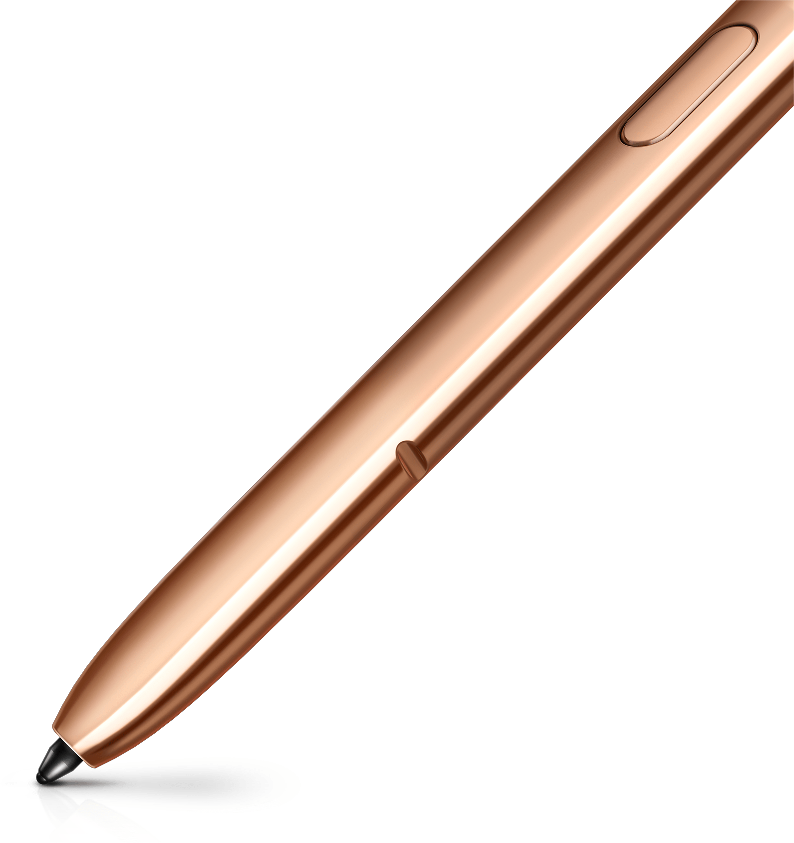 Extreme closeup of the lower portion of the bronze S Pen, showing its precise tip. There is a streak of bronze following the tip.