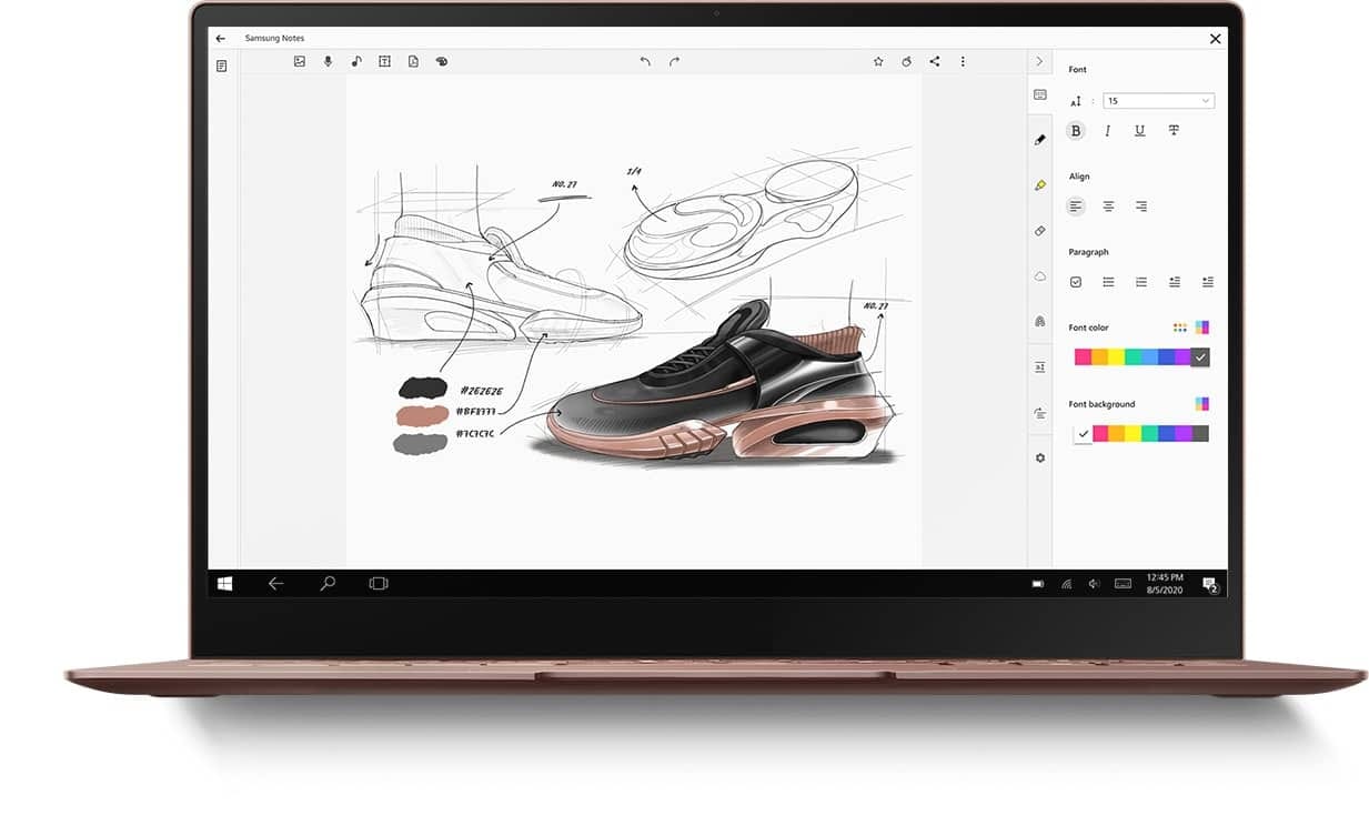 Laptop with Samsung Notes app onscreen and the same sketch of a shoe as seen on Galaxy Note20 Ultra and tablet.