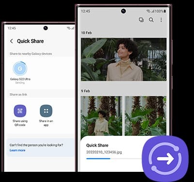 Two Samsung Galaxy S22 Ultra phones seen from the front. One phone has the Quick Share panel on the screen. The other has the Gallery onscreen, showing the populating of photos and videos sent by Quick Share.