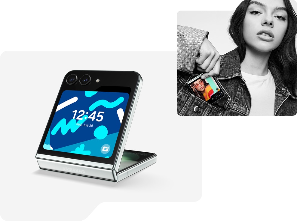 Galaxy Z Flip5 in Flex Mode and seen from the Flex Window with a frame clock style on its display. A woman pulls a folded Galaxy Z Flip5 from her jacket's front pocket. Its display shows a customized frame clock style Flex Window.
