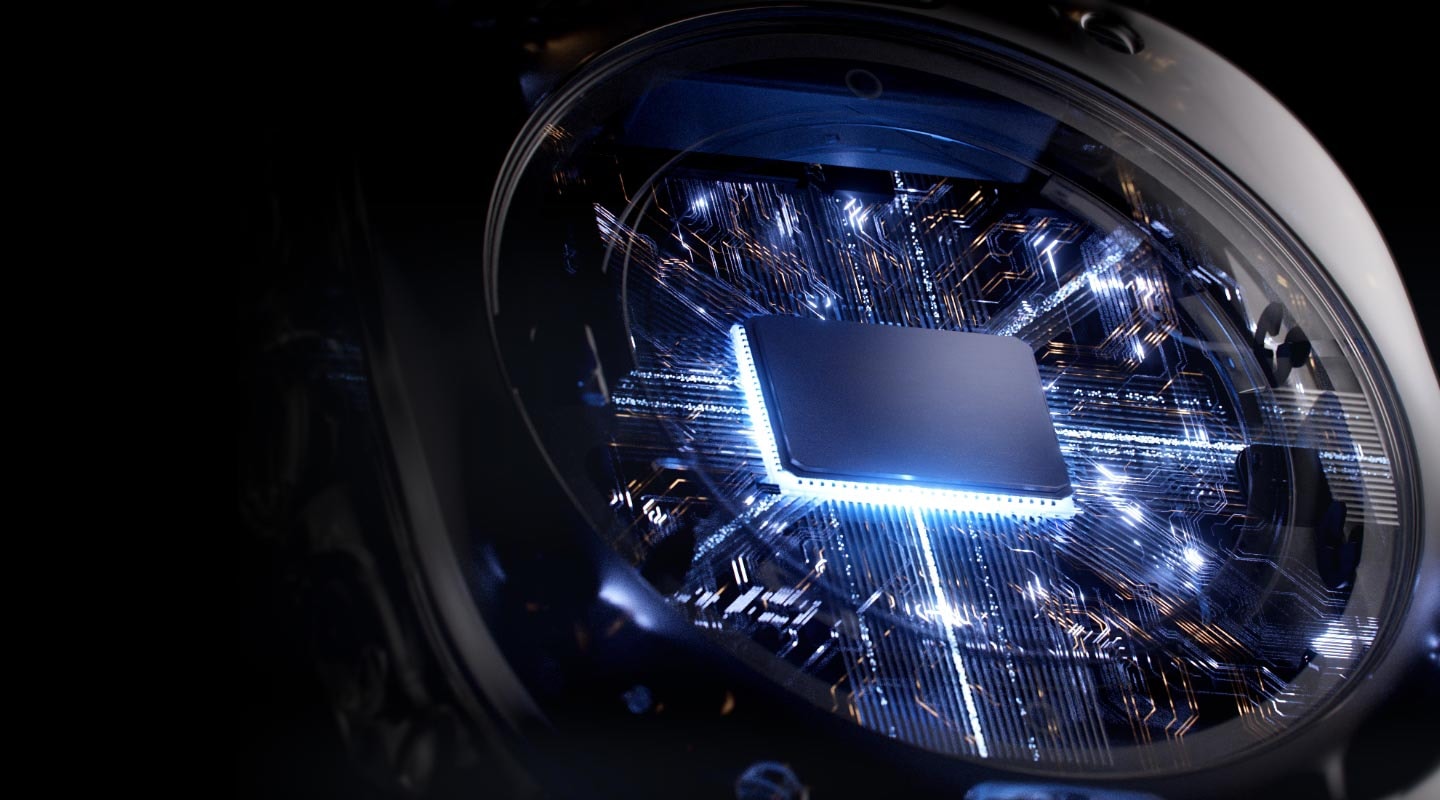 A 3nm processor chipset is embedded inside the Galaxy Watch Ultra, with streams of electric current flowing towards the center.