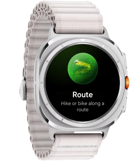 A Galaxy Watch Ultra displaying route feature with a text 'Route' and its logo on the screen.