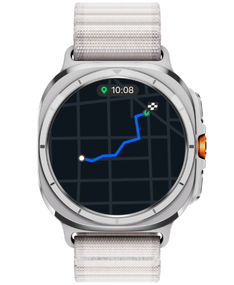 A Galaxy Watch Ultra displaying a map showing a route from the starting position to the destination.