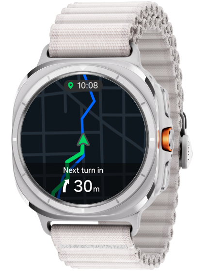 A Galaxy Watch Ultra displaying navigation on a map with an arrow heading in the guided direction and turn guidance.