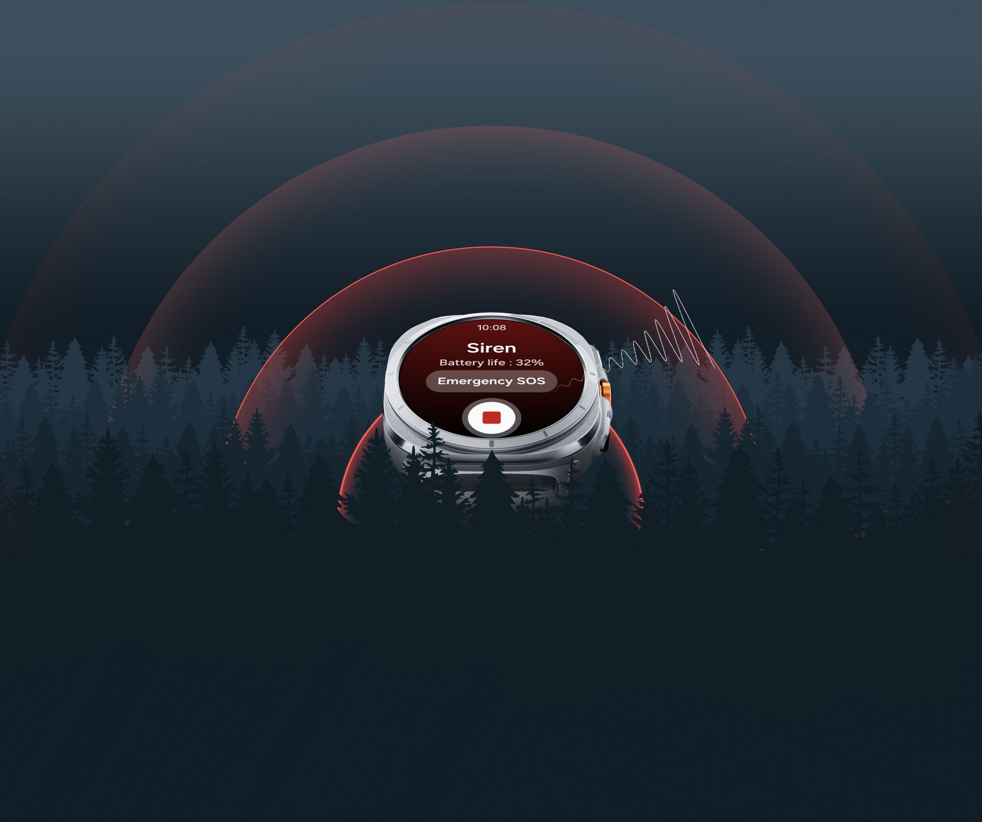 A Galaxy Watch Ultra is displaying a Siren screen with the text 'Emergency SOS' and a button to stop. A wave representing the sound is spreading out from the watch through the forest.        