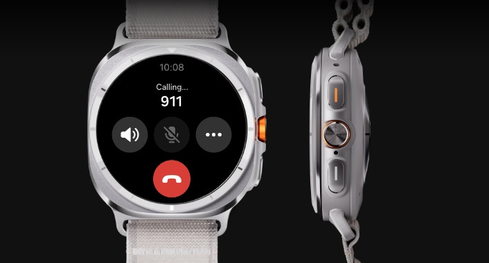 A Galaxy Watch Ultra with the Emergency SOS call screen with the text of 'Calling... 911' is shown. Next to it is a side view of the watch showing three buttons including Home button.