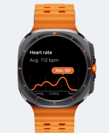  A Galaxy Watch Ultra displaying heart rate tracking screen with average bpm and a bpm line graph with the max bpm shown.