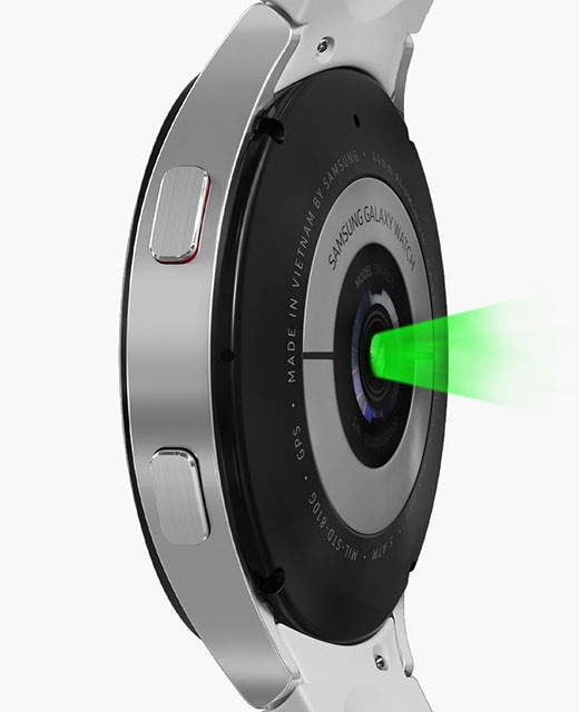 The underneath of the Galaxy Watch4 device's sensor that measures Blood Pressure is highlighted, followed by the sensor measuring ECG being highlighted.