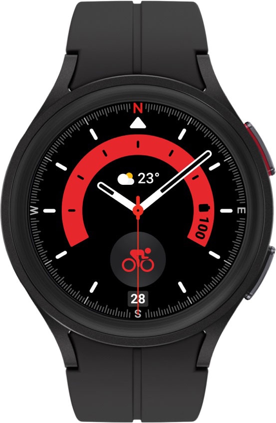 A black and red watch face shows the time with a cycling icon.