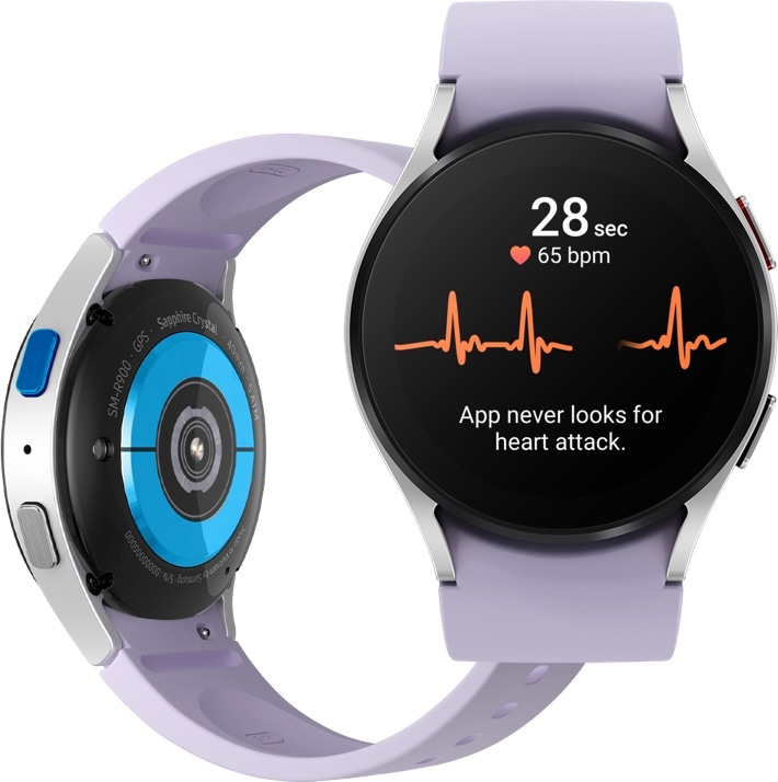 The underneath of a Galaxy Watch5 device is shown. On the right is a frontal view of the Watch5 Device with the ECG user interface.