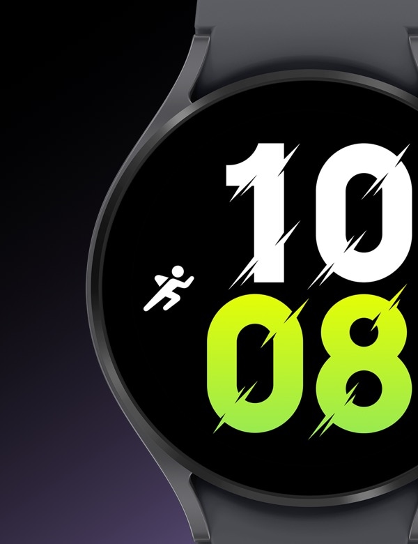 A Graphite Galaxy Watch5 device showing its front watch face that has the time '10:08' displayed.