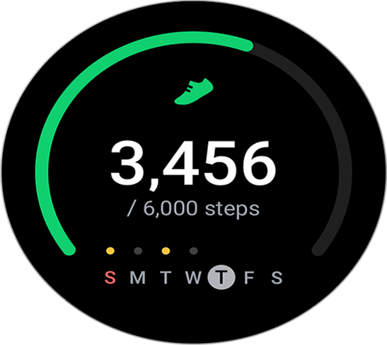 A Silver-bodied Galaxy Watch5 displaying counted steps in big white numbers '3,456 / 6000 steps', and the days of the week with Thursday highlighted.