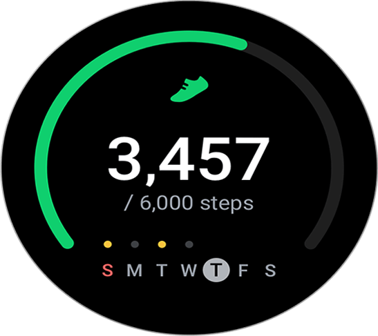 A Silver-bodied Galaxy Watch5 displaying counted steps in big white numbers '3,457 / 6000 steps', and the days of the week with Thursday highlighted.