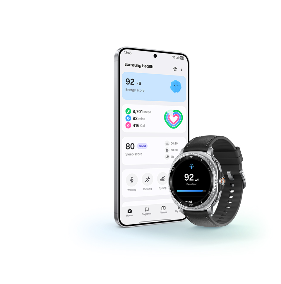 Galaxy Watch8 Classic displays the Energy Score screen with the Energy Score of 92 and the word 'Excellent'. Next to it, an Android smartphone displays the Samsung Health screen with Energy Score, Daily Activity, Sleep score and Exercise Tracking.