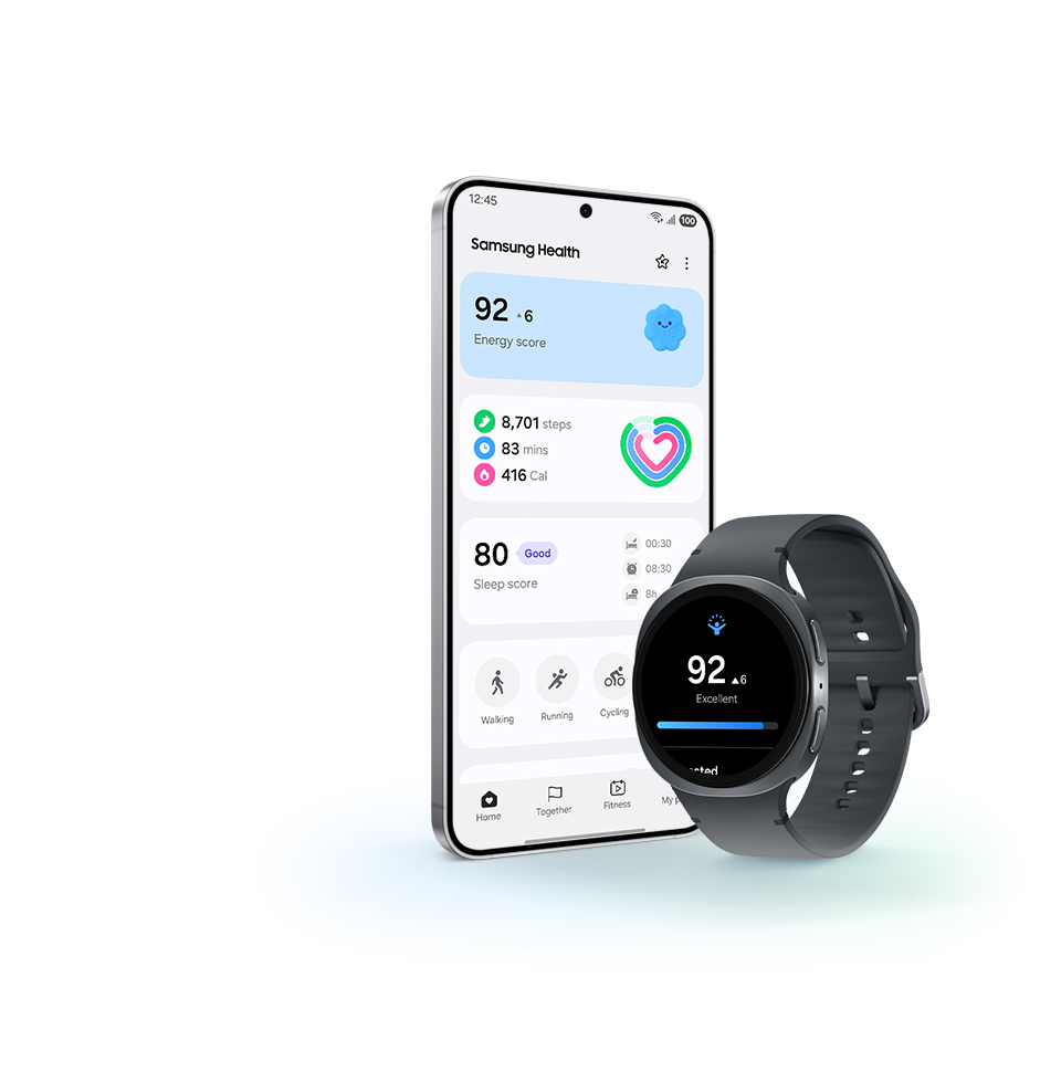 Galaxy Watch8 displays the Energy Score screen with the Energy Score of 92 and the word 'Excellent'. Next to it, an Android smartphone displays the Samsung Health screen with Energy Score, Daily Activity, Sleep score and Exercise Tracking.
