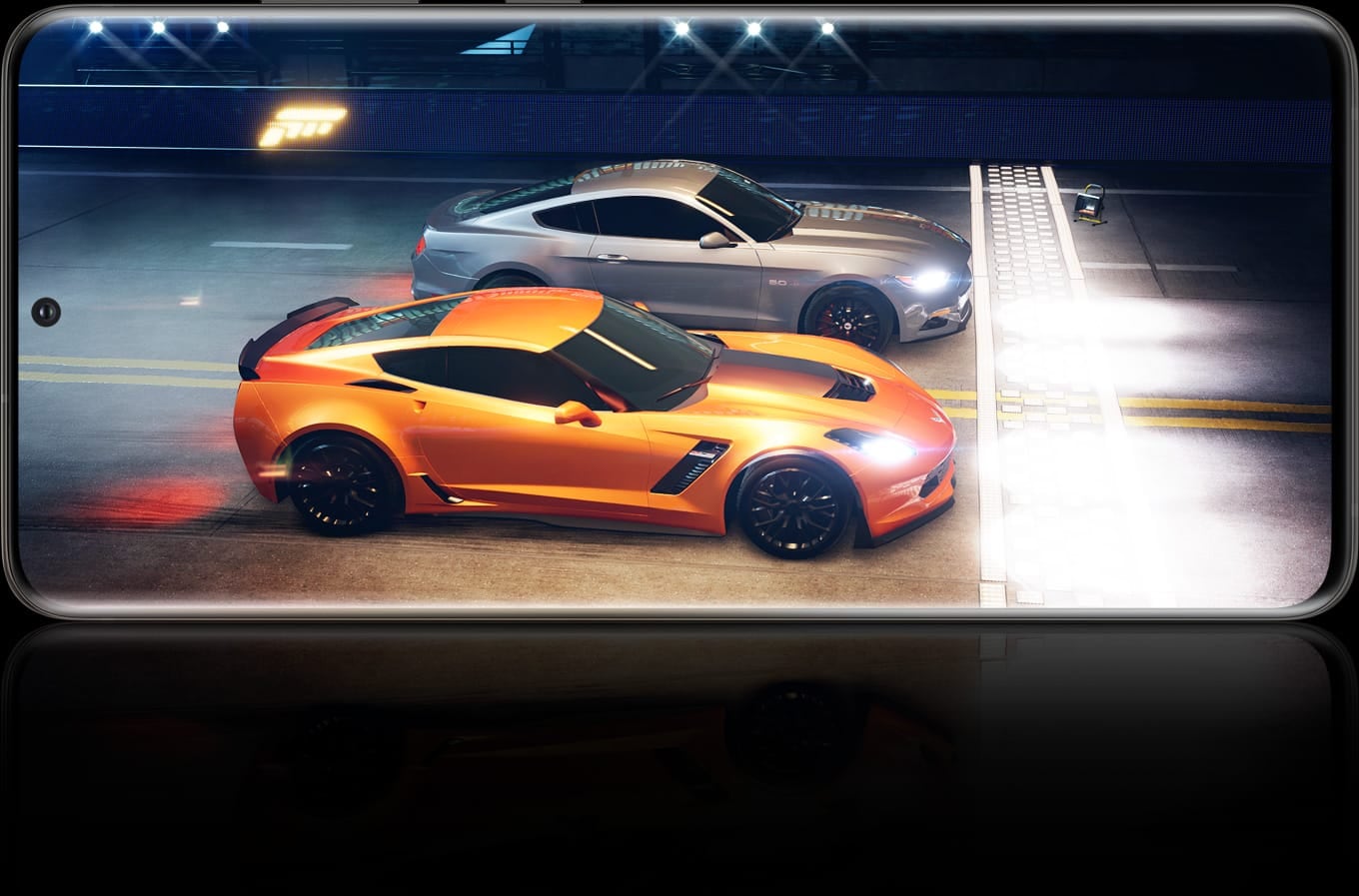 Galaxy S20 Ultra seen in landscape mode with an image from the game Forza Street onscreen