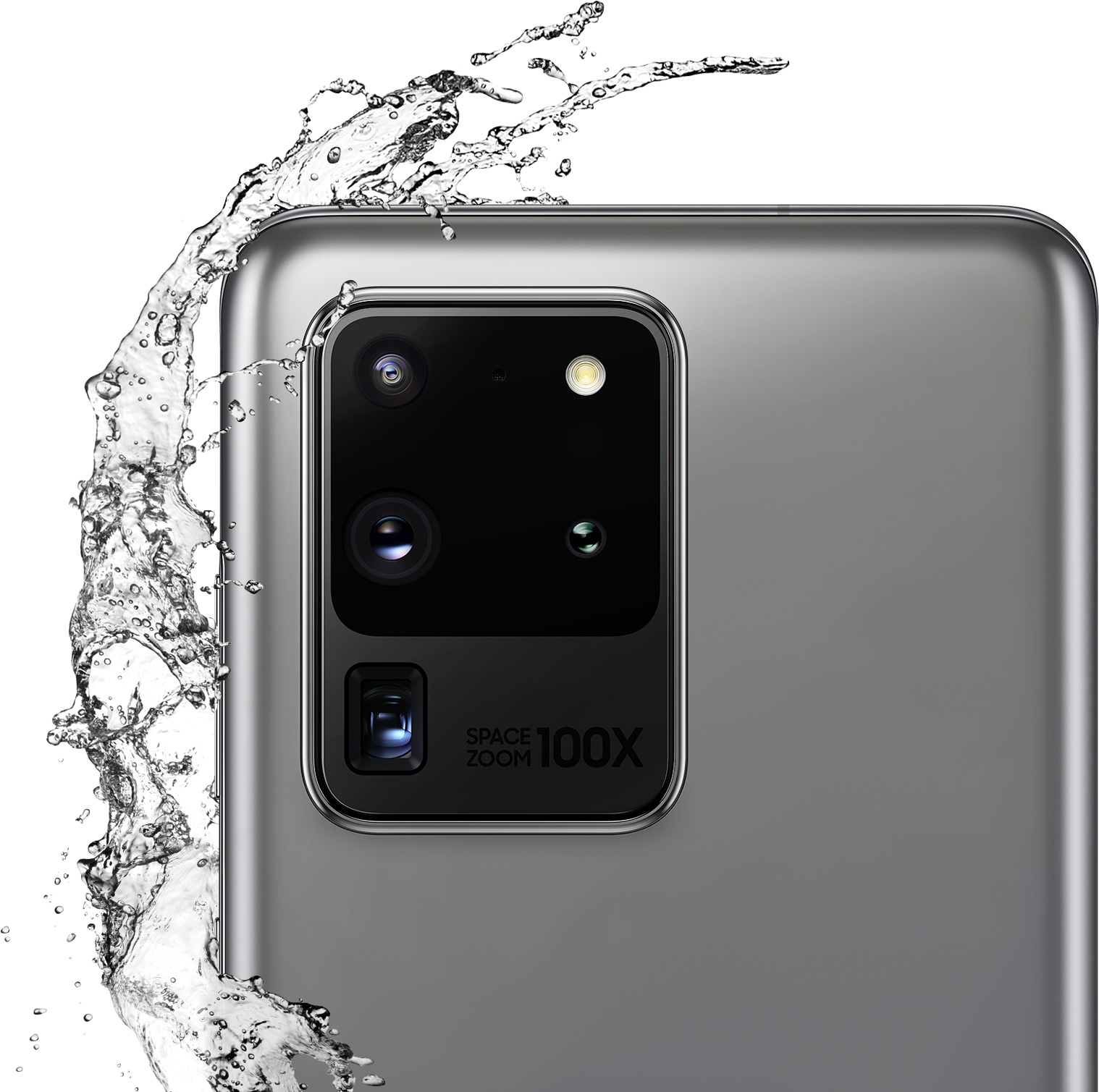 Closeup of the rear camera of Galaxy S20 Ultra in Cosmic Gray. It is being splashed by water to represent the water resistance of IP68