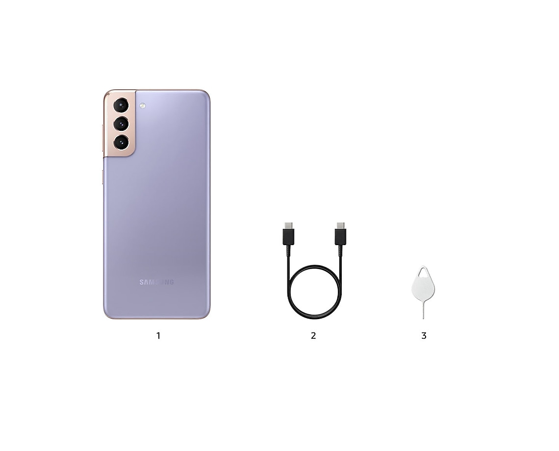A violet color S21+, a data cable, and an ejection pin are placed together.