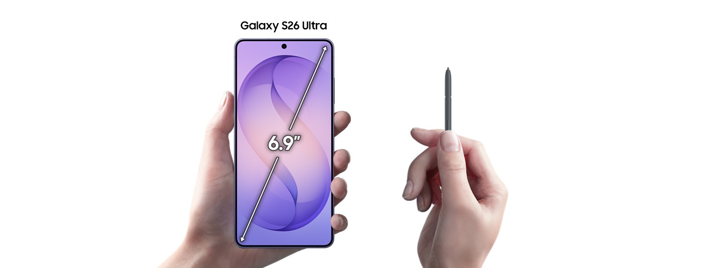 One hand holds a Galaxy S26 Ultra phone in Cobalt Violet, with the display size measuring 6.9 inches. Another hand holds an S Pen.