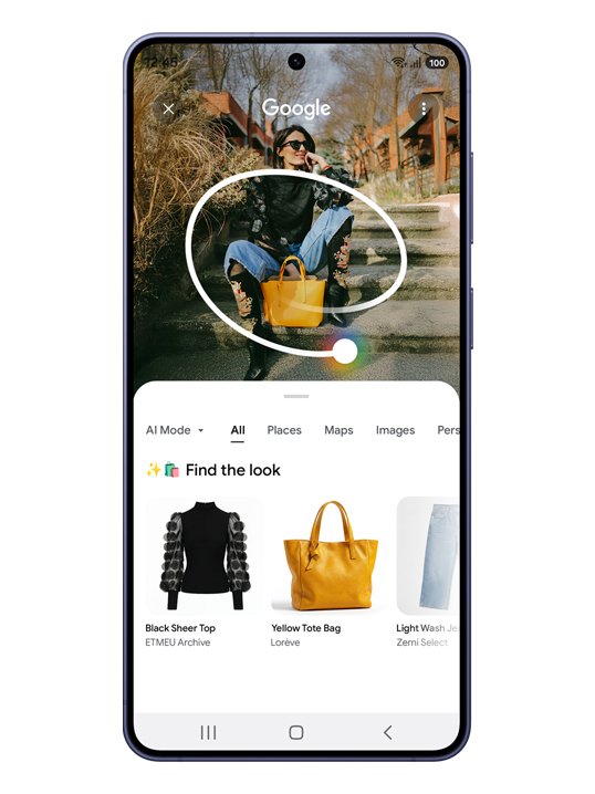 An outfit has been circled on a photo of someone. A pop up of Google's results show the different items of the outfit so the user can find the look.