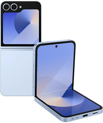 Two Galaxy Z Flip6 devices in Blue placed vertically. One is completely open and seen from the rear and the other is in FlexMode and seen from the main screen.