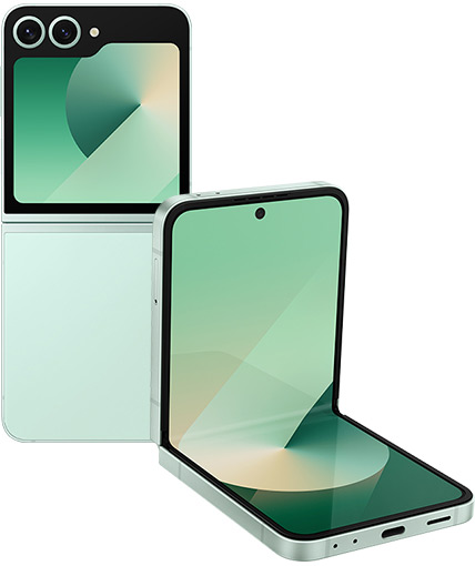 Two Galaxy Z Flip6 devices in Mint placed vertically. One is completely open and seen from the rear and the other is in FlexMode and seen from the main screen.