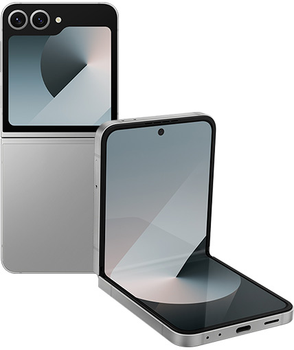 Two Galaxy Z Flip6 devices in Silver Shadow placed vertically. One is completely open and seen from the rear and the other is in FlexMode and seen from the main screen.