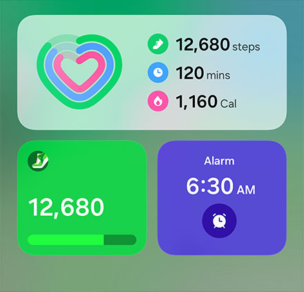 Daily Activity widgets arranged showing information of steps, active time and activity calories, followed by an alarm widget. 