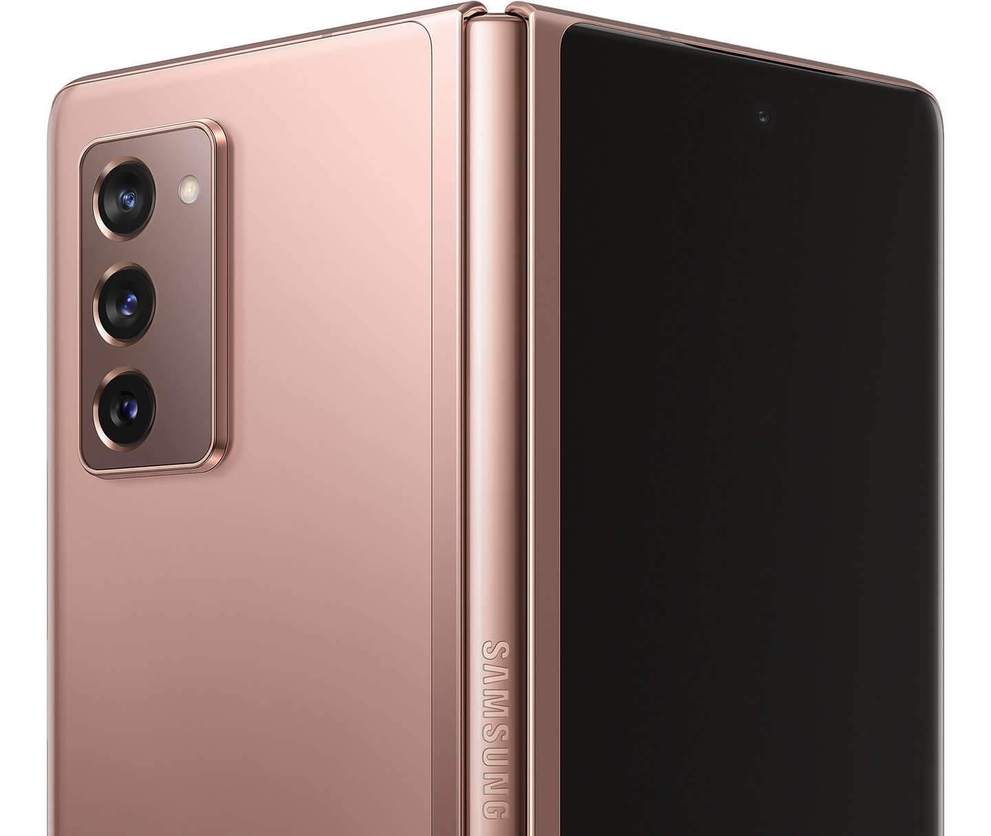 Galaxy Z Fold2 in Mystic Bronze, half unfolded and seen from the rear to show the Hideaway Hinge.