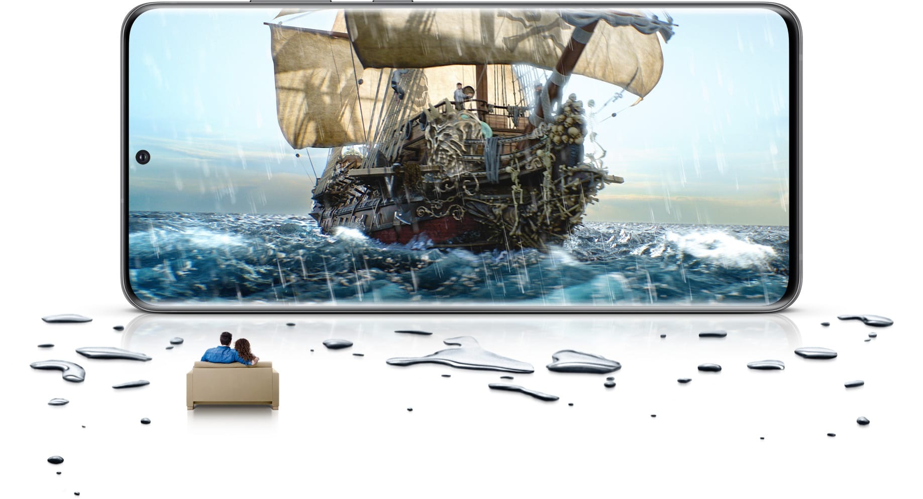 Smartfon Samsung Galaxy S20 Ultra w orientacji poziomej widziany od przodu. Ogrom możliwości Dynamic AMOLED 2X obrazuje siedząca przed ekranem na ławce osoba.