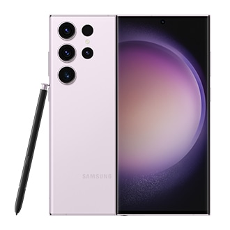 هاتفان من نوع Galaxy S23 Ultra بلون Lavender ، أحدهما يُرى من الأمام والآخر من الخلف. يميل قلم S Pen المدمج على الجانب.