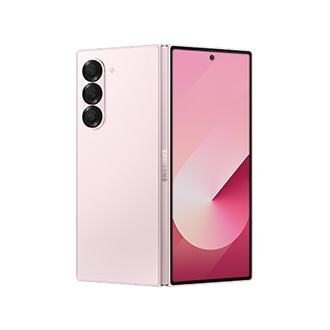 Galaxy Z Fold6 in Pink is seen open from the rear.