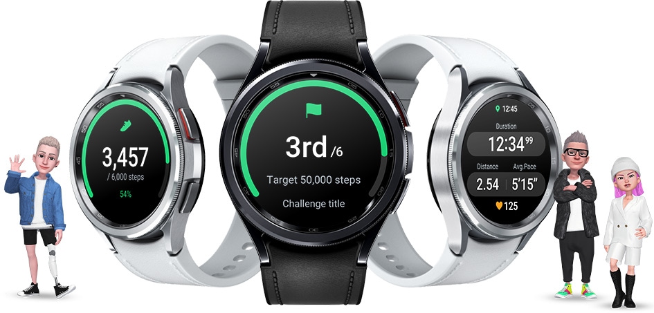 Podem ver-se três Galaxy Watch6 Classic. O relógio da esquerda está a apresentar os passos dados por dia. O relógio do meio apresenta a funcionalidade de competição, indicando que o utilizador está em 3º lugar entre 6 pessoas para um exercício de caminhada com um objetivo de 50.000 passos. O relógio da direita está a apresentar o resultado de um treino com a duração do exercício, a distância, o ritmo médio e o ritmo cardíaco. Três pessoas animadas em diferentes poses são mostradas à volta dos relógios.