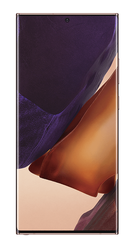 O Galaxy Note20 Ultra 5G em Mystic Bronze, visto de um ângulo de frente com um papel de parede com motivos no ecrã.