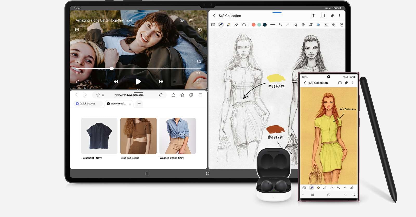 La pantalla de la Galaxy Tab S8 Series se encuentra dividida en tres ventanas. La parte superior izquierda muestra la videollamada de una mujer apoyada sobre las rodillas de una persona. A continuación, hay un sitio de compras abierto. Además, hay bocetos de diseño. Galaxy Buds2, Galaxy S22 Ultra con la misma ventana de bosquejo abierta y S Pen están en la esquina inferior derecha de la Galaxy Tab S8 Series.
