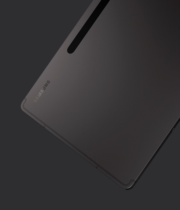 Galaxy Tab S8+ cu finisaj Graphite din spate si usor din lateral pentru a arata designul subtire.