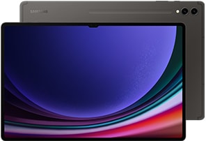 Front view of a Galaxy Tab S9 Ultra in Graphite with a blue wallpaper onscreen. Behind, another Galaxy Tab S9 Ultra in Graphite with the back facing forward and the Samsung logo shown.