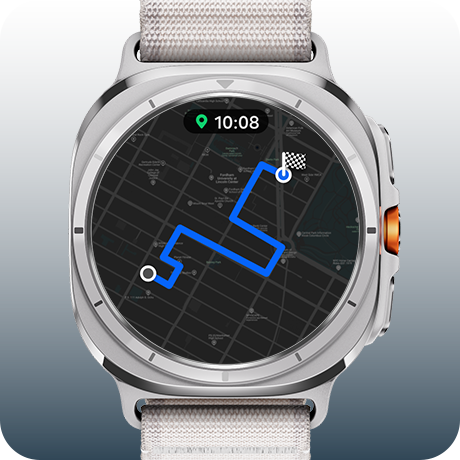 A Galaxy Watch Ultra displaying a map showing a route from the starting position to the destination.