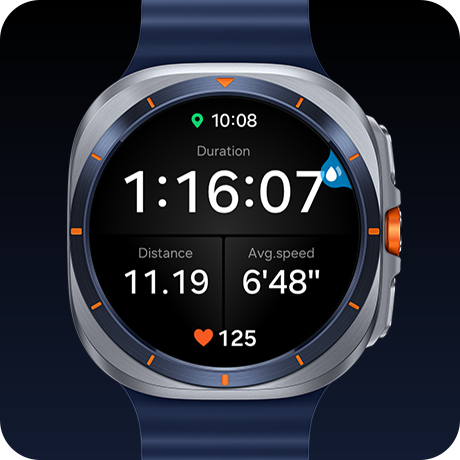 A Galaxy Watch Ultra displaying workout tracking screen with duration, distance, average speed and heart beat shown. In the top right corner is a Water Lock activated icon shown.