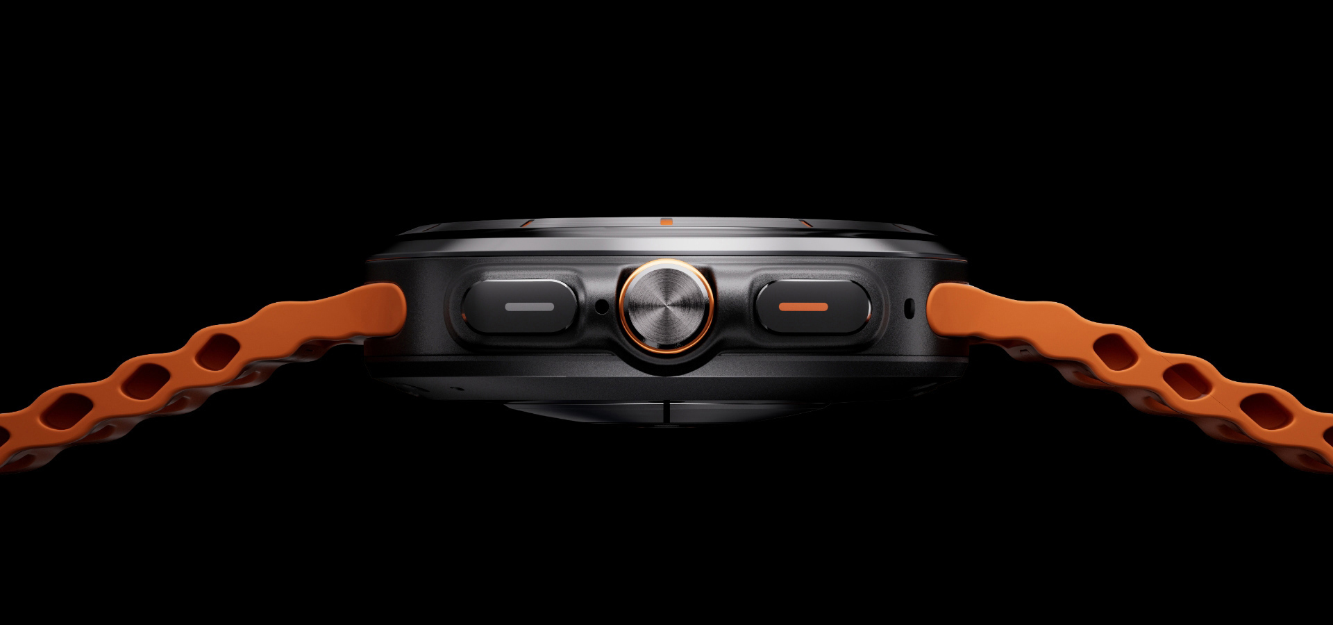 Vizualizare laterală Galaxy Watch Ultra, cu puncte poziționate pe părți, care sunt evidențiate.