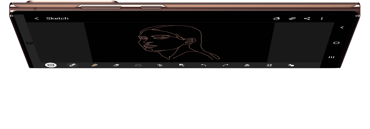Galaxy Note20 Ultra așezat în modul peisaj. Pe ecran apare un desen liniar al unei femei, iar fundalul trece de la alb la negru pentru a demonstra utilizarea telefonului de dimineață până seara.