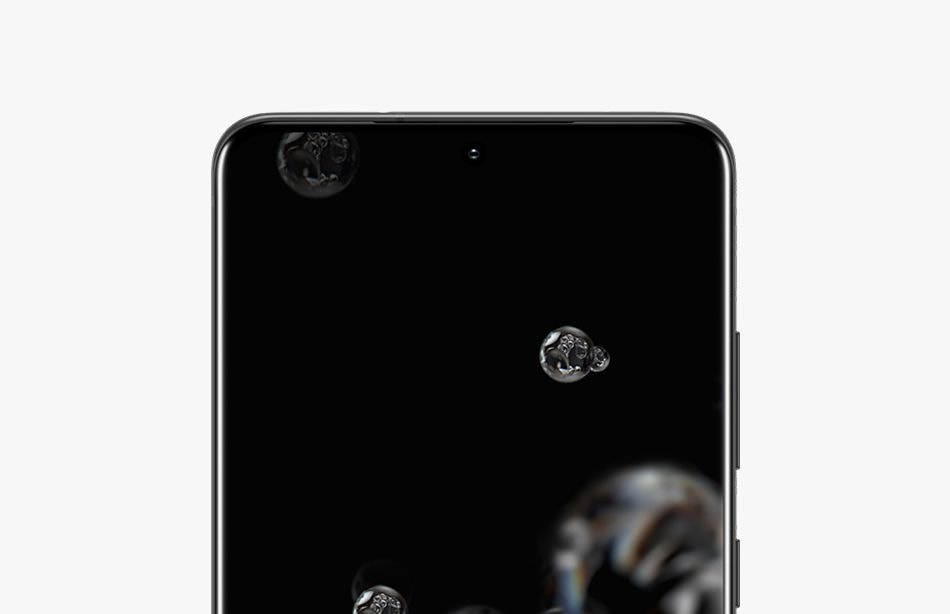 Prim-plan al ecranului Infinity-O al unui telefon Galaxy S20 Ultra Cosmic Gray, având pe ecran o imagine de fundal cu model cu bule