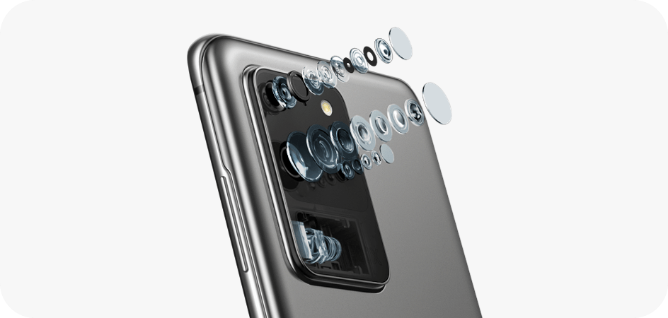 Simulare 3D reprezentând obiectivele camerei spate a unui Galaxy S20 Ultra în culoarea Cosmic Gray