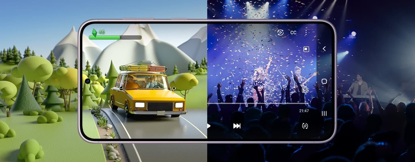 Galaxy S23 vazut din fata si in pozitie orizontala. Pe o parte a ecranului ruleaza o scena dintr-un joc. Pe cealalta, o inregistrare video de la un concert.