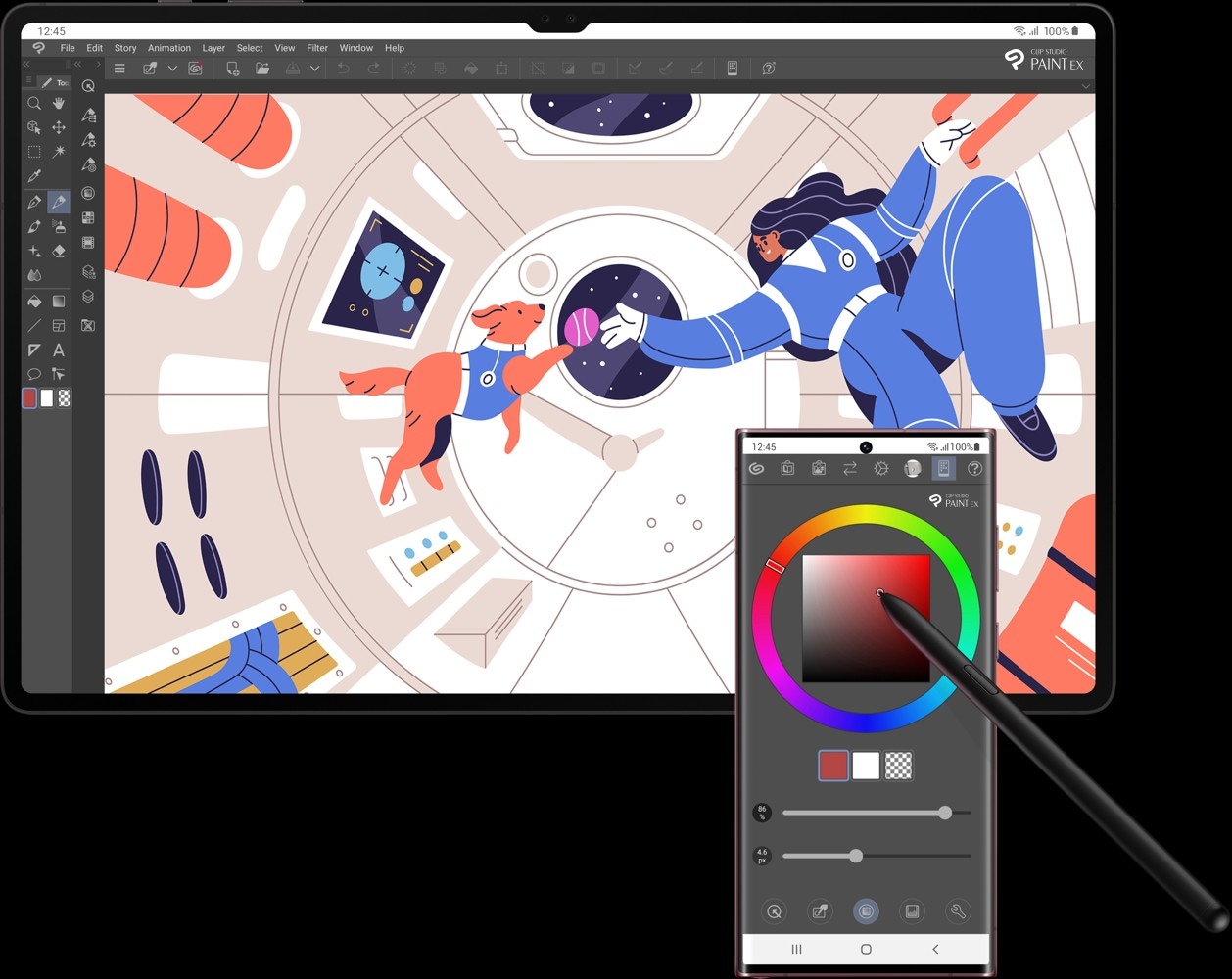 Рисунок женщины и собаки внутри космического корабля, созданный в Clip Studio Paint. S Pen выбирает цвет на экране Galaxy S22 Ultra, используя его как палитру.