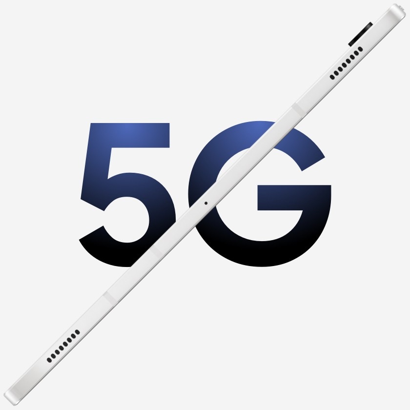 "“5G” написано шрифтом голубого цвета рядом с тонким Galaxy Tab S8 в серебристом цвете пересекающим "5G" по диагонали.