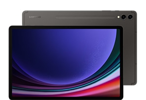 Front view of a Galaxy Tab S9+ in Graphite with a blue wallpaper onscreen. Behind, another Galaxy Tab S9 Ultra in Graphite with the back facing forward and the Samsung logo shown.