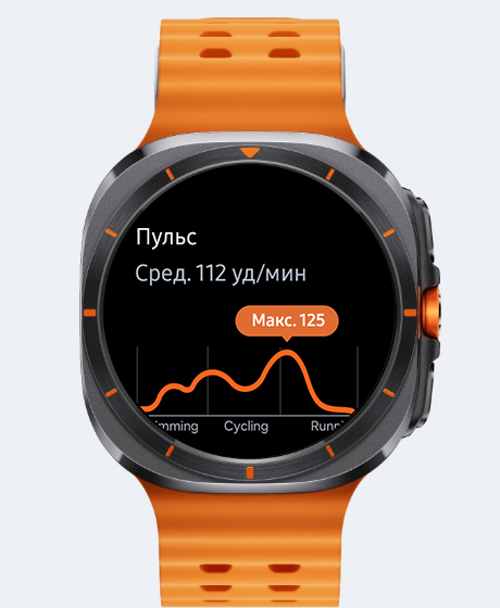 Galaxy Watch Ultra отображает экран отслеживания сердечного ритма со средним значением ударов в минуту (уд/мин) и графиком линии ударов в минуту (уд/мин) с указанием максимального значения.