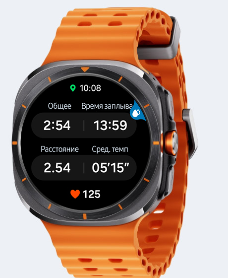 Galaxy Watch Ultra отображает данные тренировки, включая общую дистанцию, время на открытой воде, дистанцию, средний темп и сердечный ритм. В правом верхнем углу показан значок активации режима блокировки воды.
