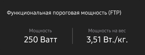 Видна карточка с метриками FTP с текстом «Функциональная пороговая мощность (FTP)», под которым можно увидеть текст «250 ватт» для мощности и «3,51 Вт/кг» для мощности на вес.